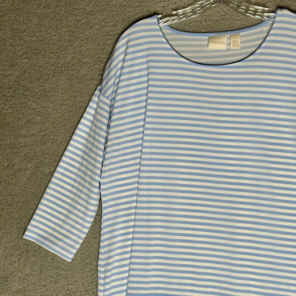 Chicos Striped Oversize Tunic‎ Top Womens Sz M Blue White Layered Hem Nautical - Picture 7 of 14